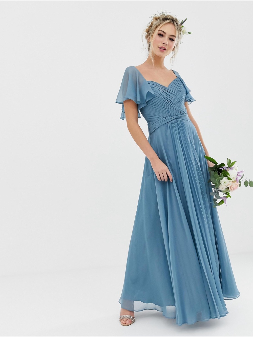 ASOS DESIGN Bridesmaid pleated bodice maxi dress with flutter sleeve size 6